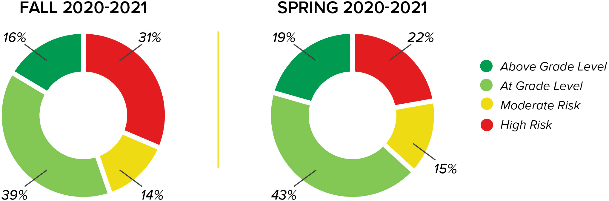 Pie charts showing the 2020-2021 Literacy Risk Assessment